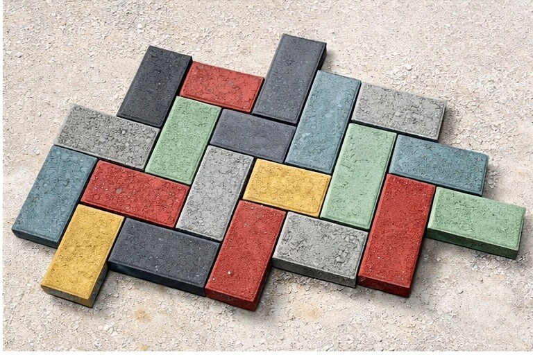 Rectangular concrete pavers in mixed colours