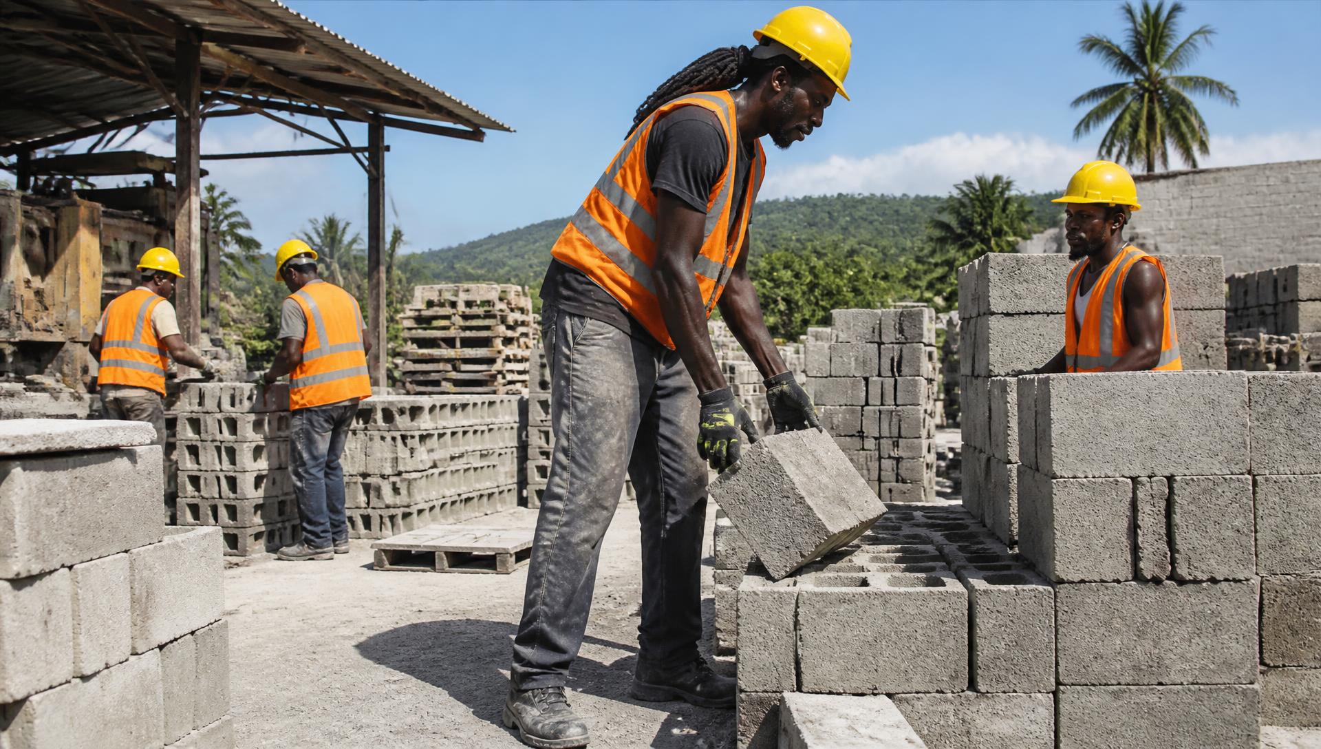 Black Jamaican workers stacking concrete blocks in the manufacturing yard, including a tall worker with dreadlocks